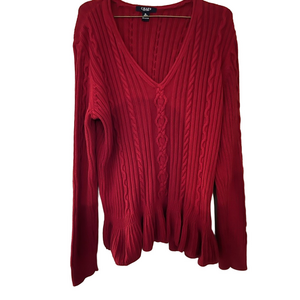 Chaps Red Cable Knit Sweater v-neck vintage ruffle hem casual peasant work wear‎
